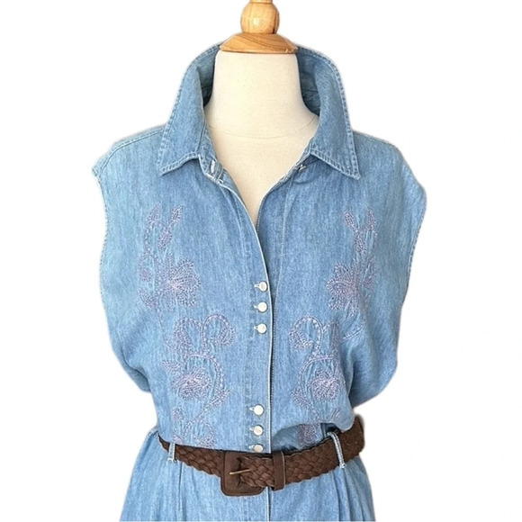 Vintage 90s Embroidered Denim MIDI Dress Blue Belted Pockets Casual Size 24 - Picture 1 of 16